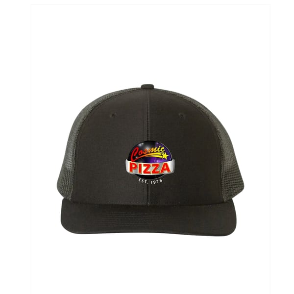 Black mesh-back hat with the colorful Cosmic Pizza logo and "EST. 1976" embroidered on the front.