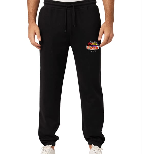 Black sweatpants with the Cosmic Pizza logo on the left thigh, worn by a person.
