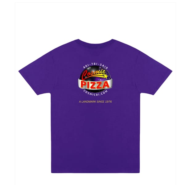 Purple t-shirt with the Cosmic Pizza logo featuring a starry sky and a yellow star.