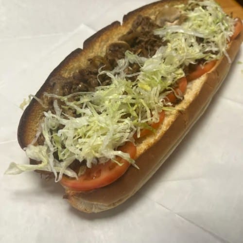 (Sm) #6 Steak, Onions, Cheese, Lettuce & Tomato.