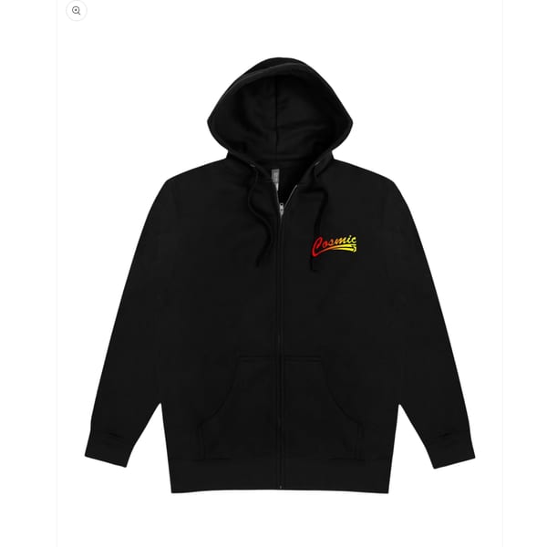 Black zip-up hoodie with the Cosmic Pizza logo in red and yellow script on the left chest.