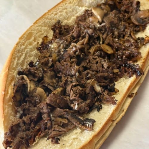 (Sm) #10 Steak, Onions, Cheese & Mushrooms.