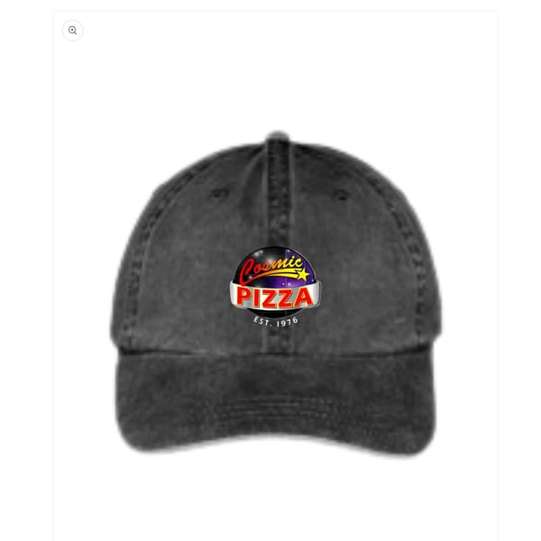 Dark gray baseball cap with the Cosmic Pizza logo featuring a starry sky and red lettering.