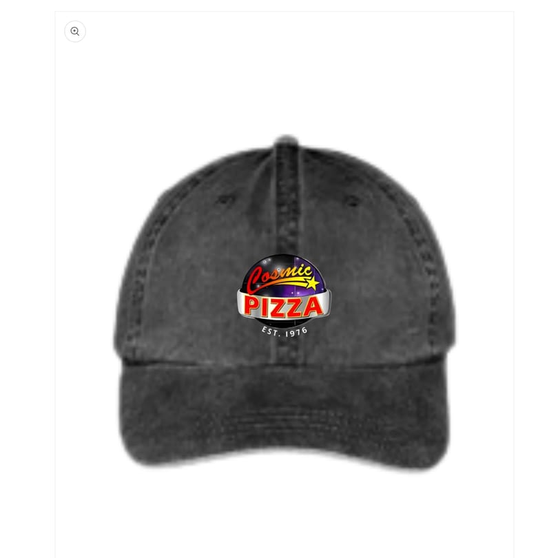 Dark gray baseball cap with the Cosmic Pizza logo featuring a starry sky and red lettering.