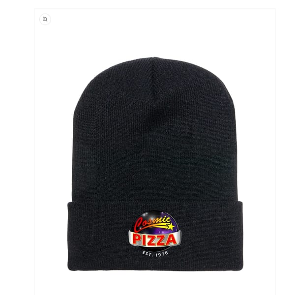 Black knit beanie with the colorful Cosmic Pizza logo featuring a star and "Est. 1976".