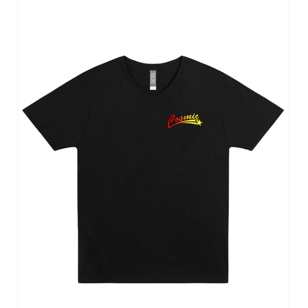 Black V-neck t-shirt with the Cosmic Pizza logo, a red and yellow shooting star.