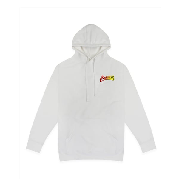 White hoodie with the red and yellow "Cosmic" logo on the chest.