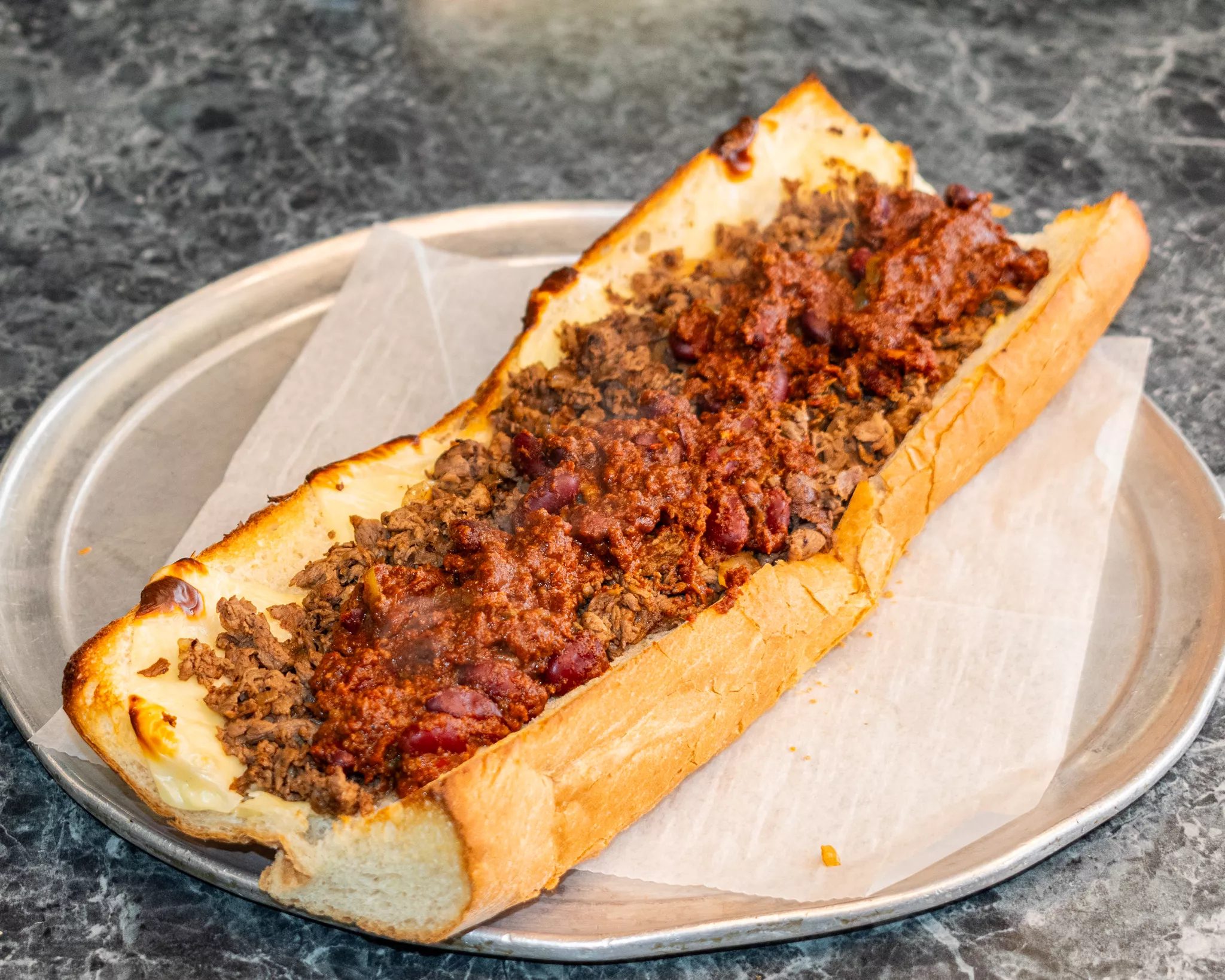 (X-Lg) # 7 Steak, Onions, Cheese, Chili.