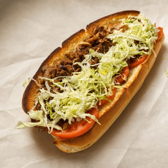 (Sm) #6 Steak, Onions, Cheese, Lettuce & Tomato.