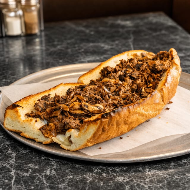 (X-Lg) #10 Steak, Onions, Cheese & Mushrooms.